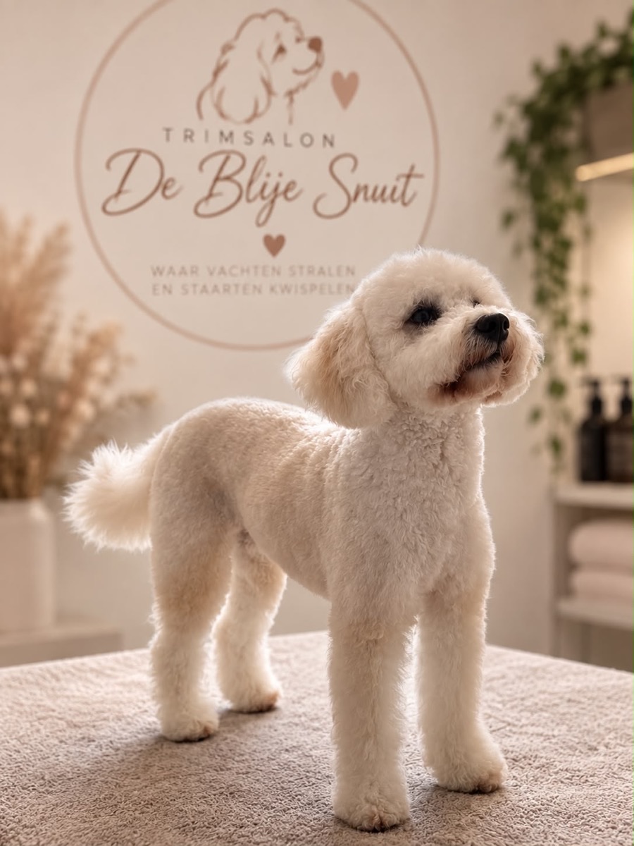 Vrolijke witte doodle op de trimtafel voor het wandlogo van Trimsalon De Blije Snuit
